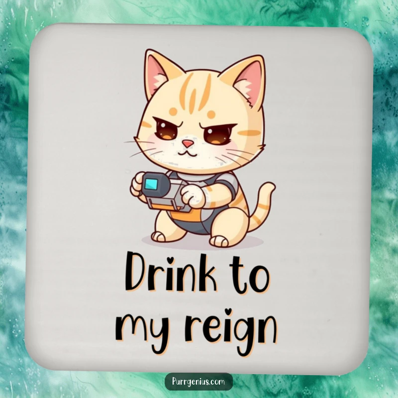 Funny Kawaii cat focused on operating a small robot, depicted on a drink coaster for surface protection and humor.