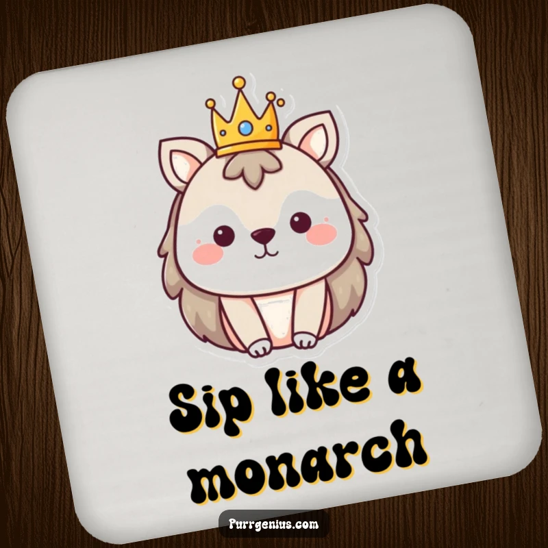 Funny drink coaster featuring an animal wearing a tiny crown, adding royal charm to any surface.