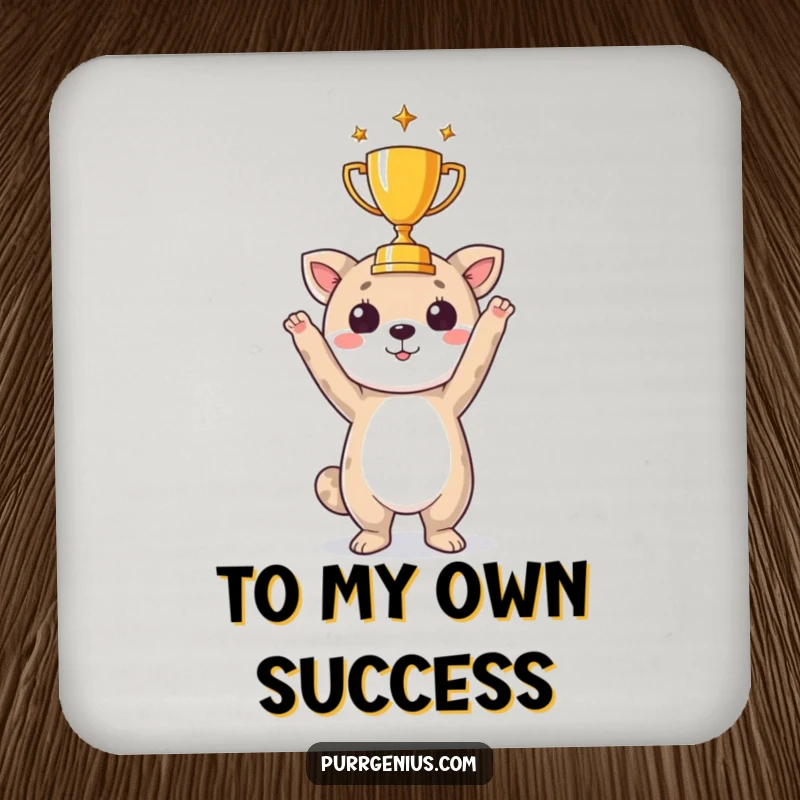 Funny drink coaster featuring a victorious animal holding a tiny trophy, ideal for protecting surfaces.