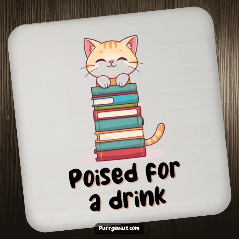 Funny Bookworm Cat Coaster Set: cats balancing stacks of books on their heads, protecting surfaces with intellectual humor, a charming funny gift.