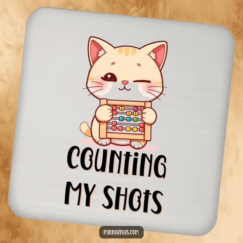 Funny Drink Coaster: A winking cat holding a small abacus, offering humorous and clever protection for your surfaces.
