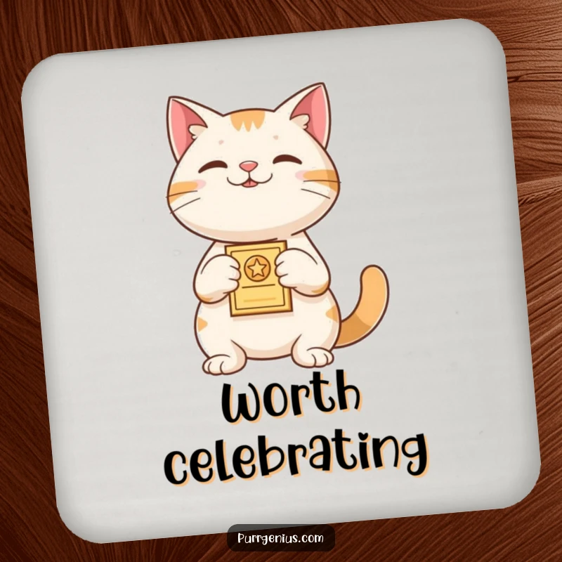 Funny Drink Coaster: A proud cat holding a small award, offering humorous and celebratory protection for your surfaces.
