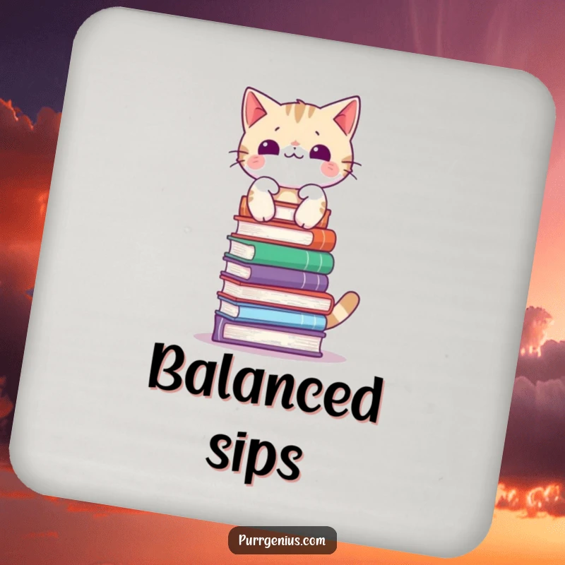 Funny coasters featuring a cat with perfect balance holding a stack of books on its head, protecting surfaces with humor.