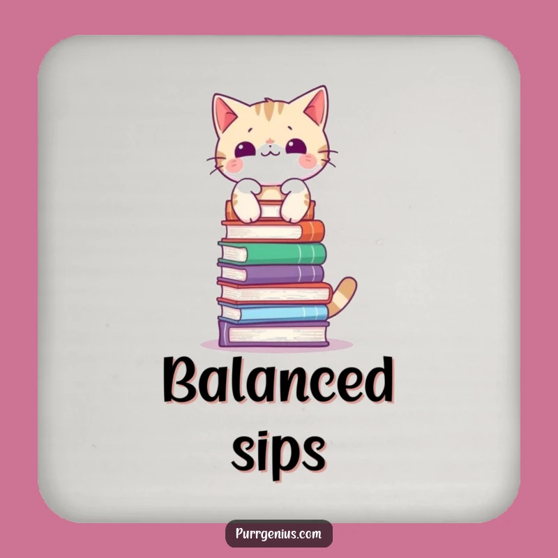 Funny Cat Balancing Books Coaster Set - Protect Surfaces with Humor
