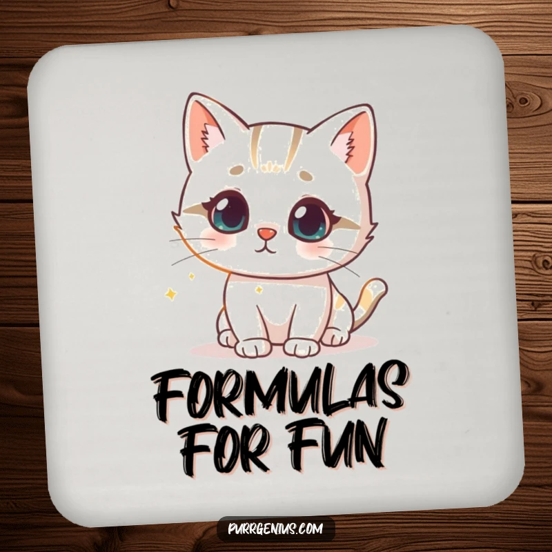 Funny drink coaster with a cute cat character intrigued by a glowing scientific formula, protecting surfaces with scientific flair.