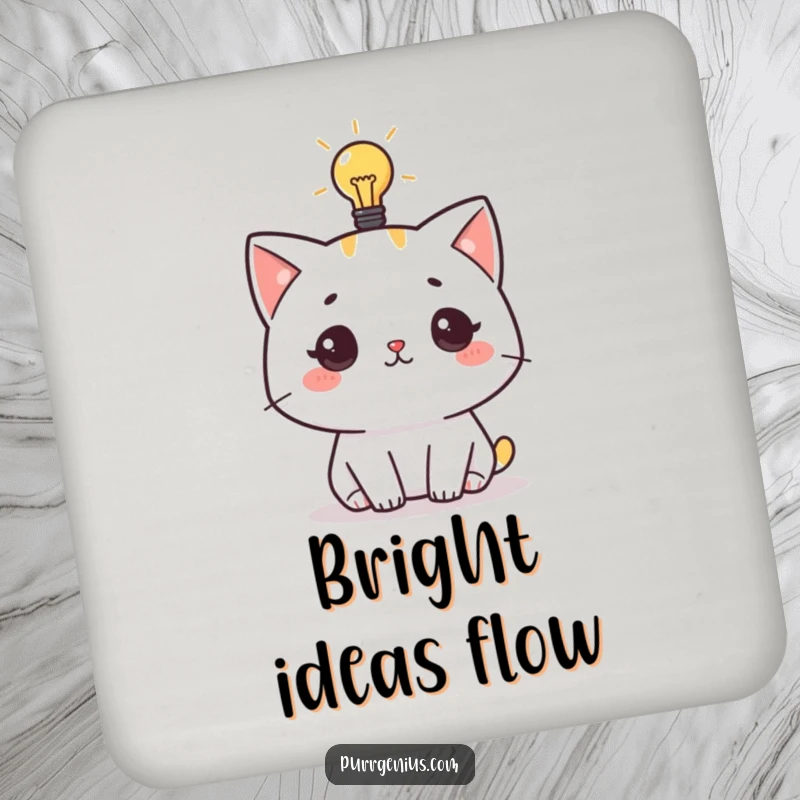 Funny drink coaster with a cute cat character having a lightbulb moment, protecting surfaces with a touch of intellectual charm.