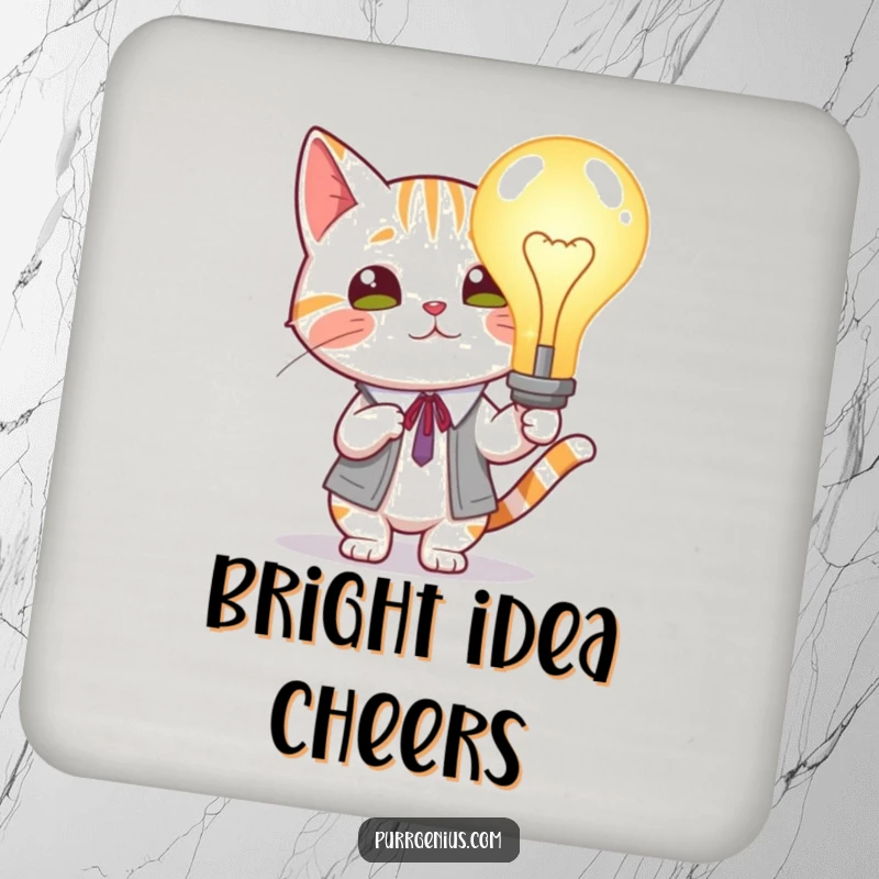 Funny Cat Lightbulb Coaster: Scholarly cat presenting a glowing lightbulb, adding intellectual humor to drink protection.