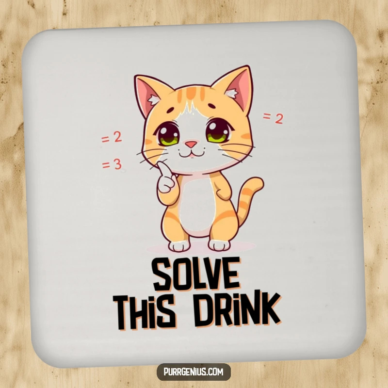 Funny drink coaster with a cute cat character dramatically pointing at a complex equation, protecting surfaces with mathematical charm.