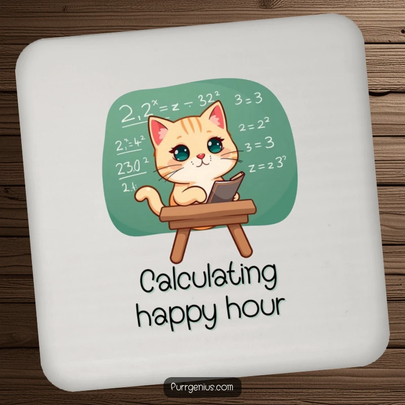 Funny drink coasters depicting a cat studying a complex equation, perfect for protecting surfaces with intellectual flair.