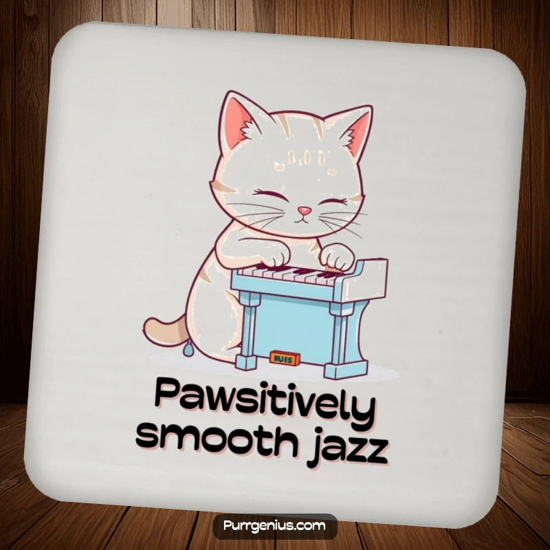Funny cat playing a miniature piano on a round coaster, a humorous and protective home accessory, great gift.