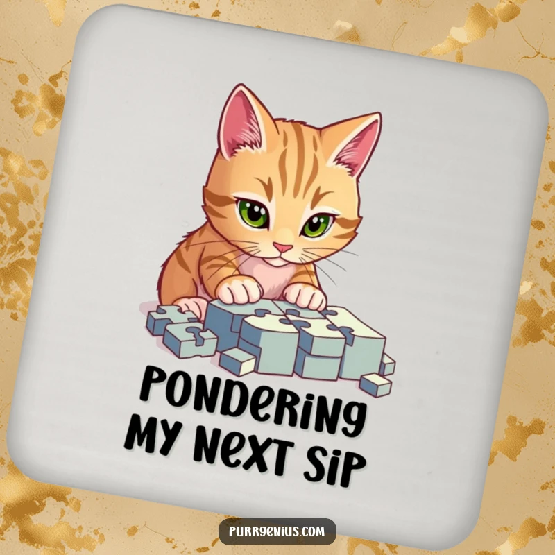 Funny drink coasters with a cat focused on a complex puzzle, protecting surfaces with a humorous and intelligent design.