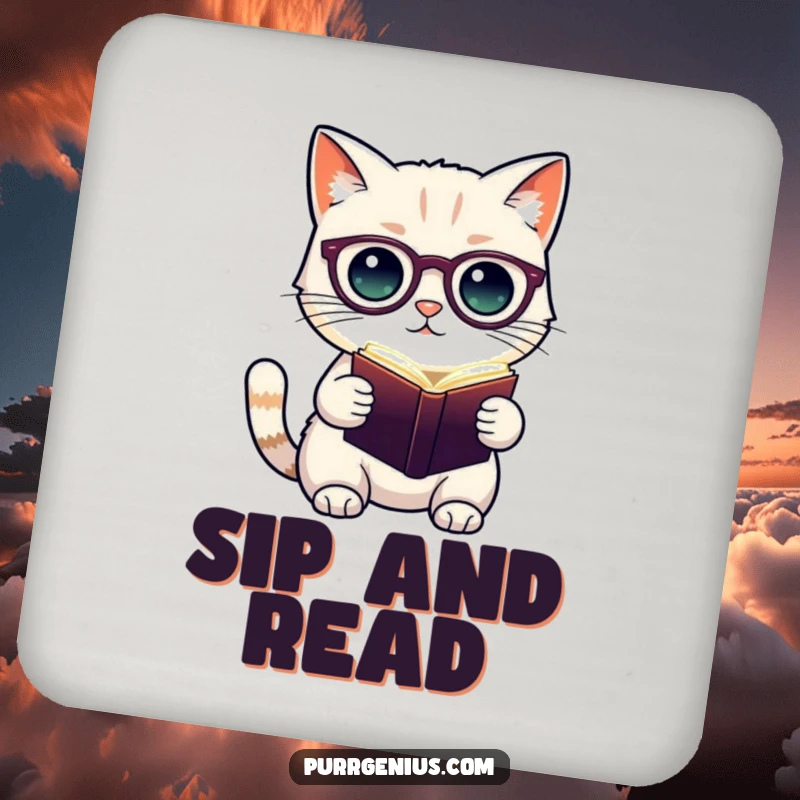 Funny drink coaster with a cute cat scholar wearing spectacles and holding a glowing book, protecting surfaces with literary flair.