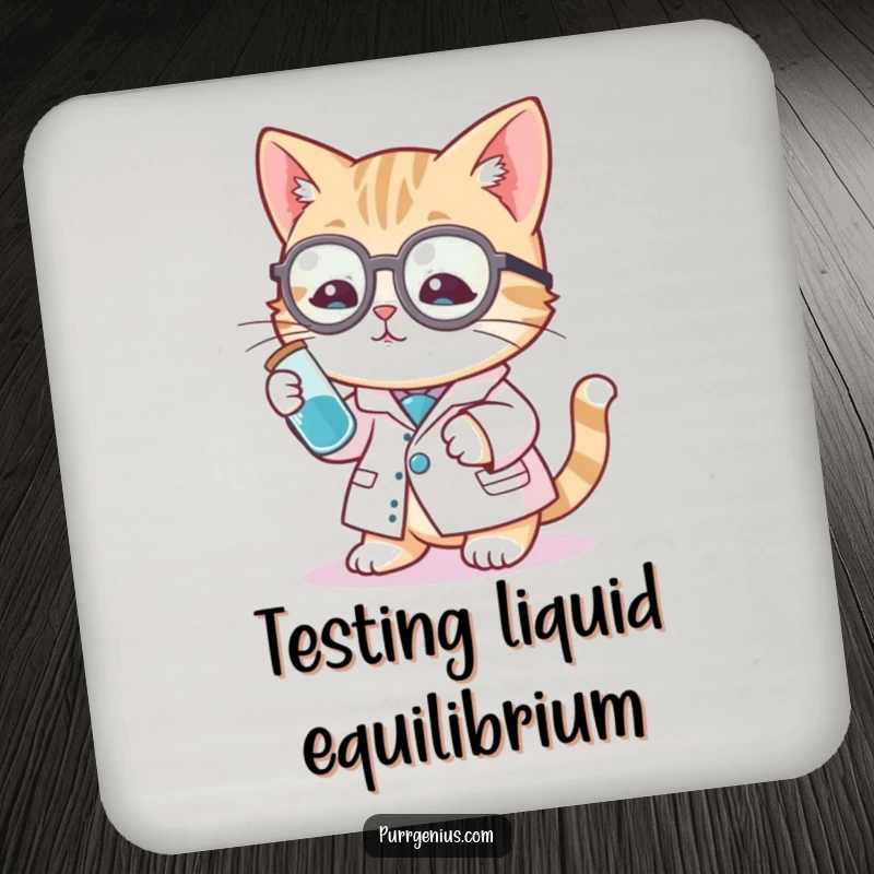 Funny cat scientist coaster decorated with a cat in a lab coat and test tube, adding a touch of humor to drink service.