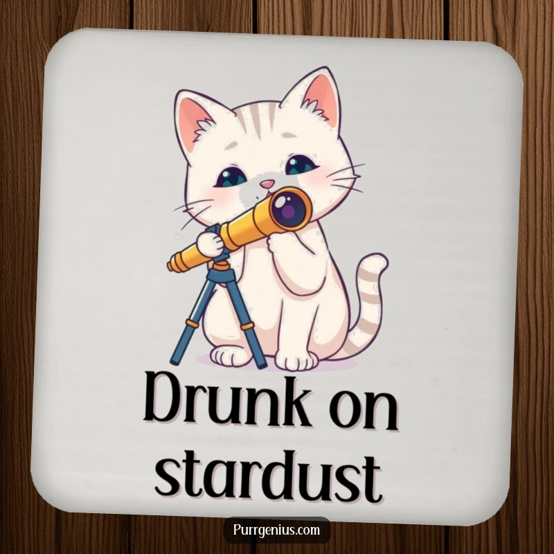Funny coaster featuring a cat peering through a tiny telescope, protecting surfaces with celestial charm and humor, a small but mighty accessory.