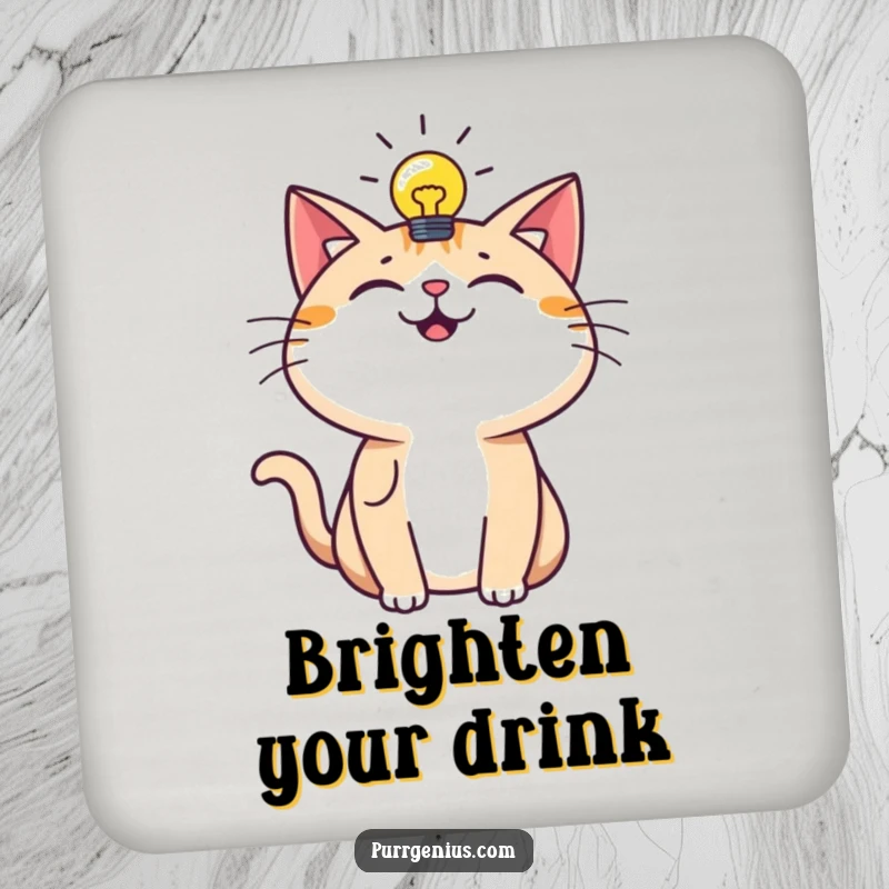 Funny Coaster: An inspired cat with a lightbulb humorously protects your surfaces, symbolizing bright ideas.