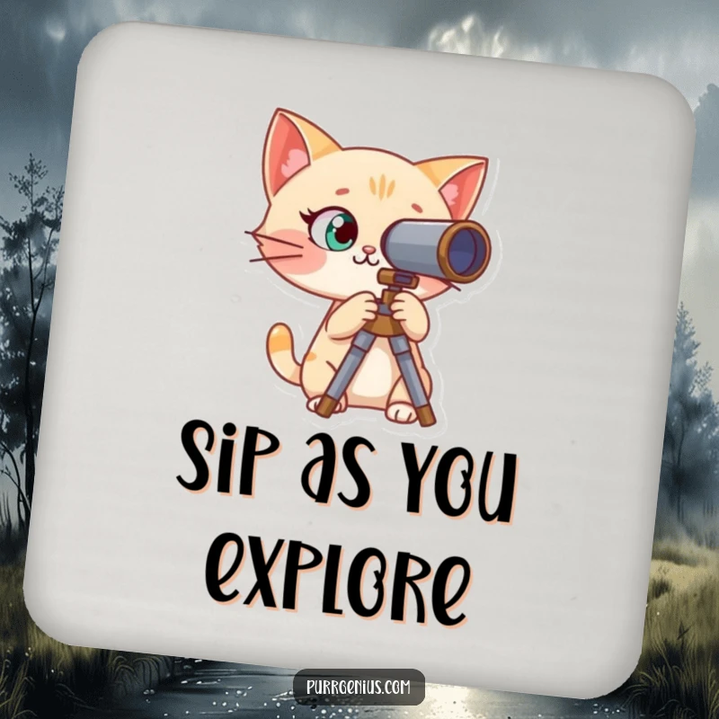 Funny drink coasters featuring a curious cat character looking through a telescope, adding a touch of the cosmos.
