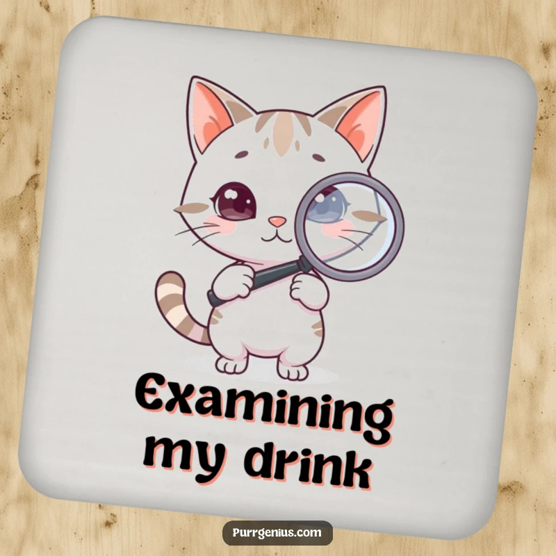Funny Cat Coaster: A coaster featuring an illustration of a clever cat holding a magnifying glass, examining something closely, adding intrigue.