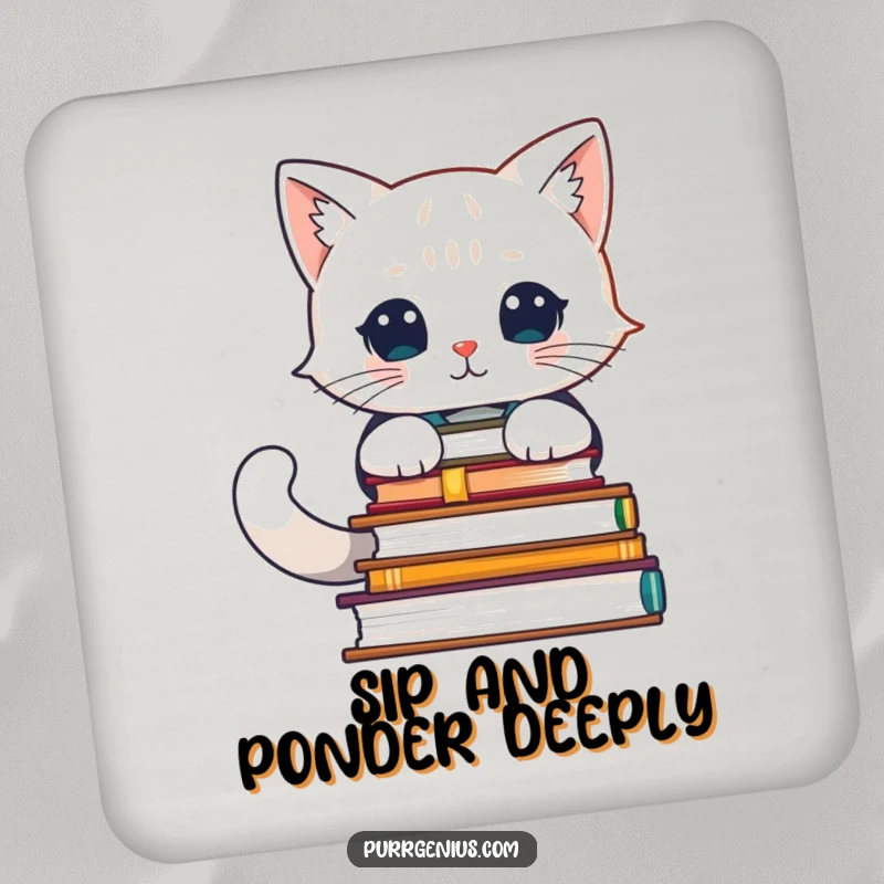 Funny drink coasters featuring a studious feline scholar surrounded by a pile of advanced books, adding intellectual decor.