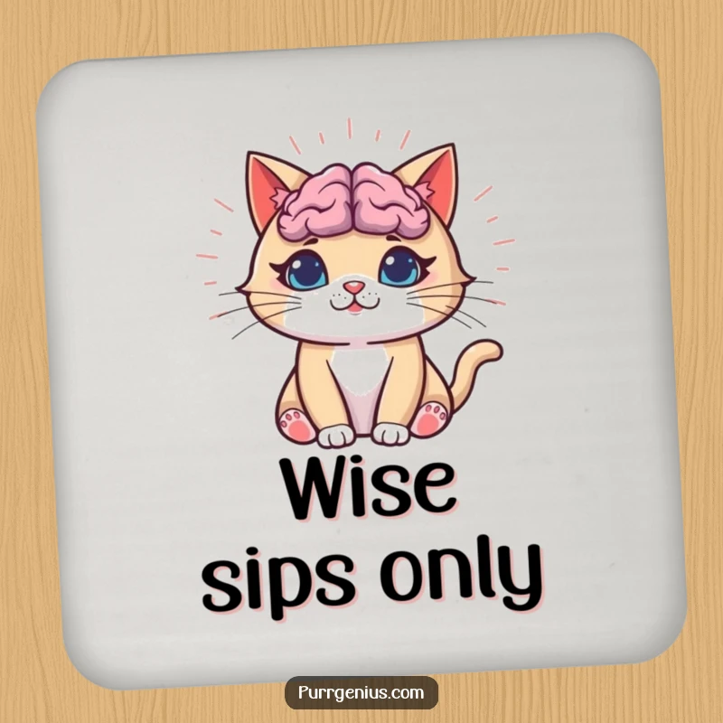 Funny Cat Drink Coasters showcasing a cat with a glowing brain emitting funny knowledge, perfect for protecting surfaces with intelligence.