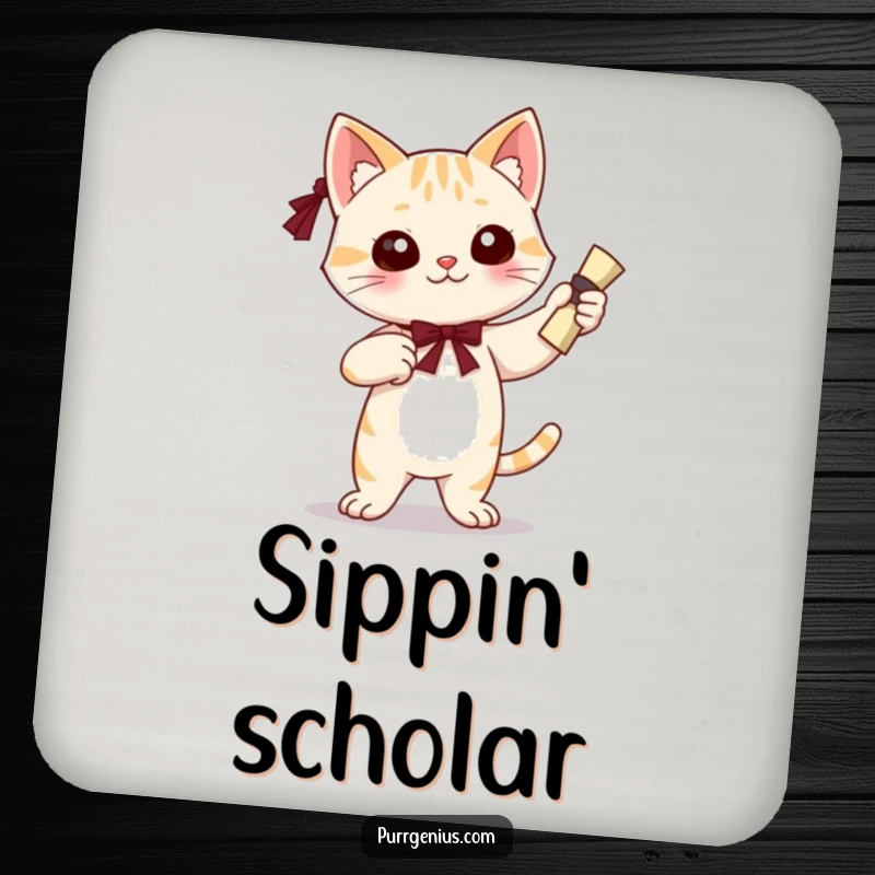 Funny drink coaster featuring a confident cat character holding a diploma, protecting surfaces with academic pride.
