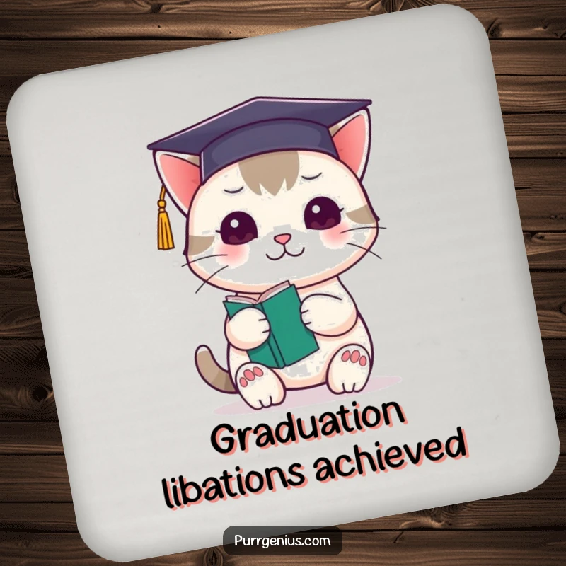 Funny kawaii cat wearing a graduation cap and holding a tiny book, protecting surfaces on a drink coaster.