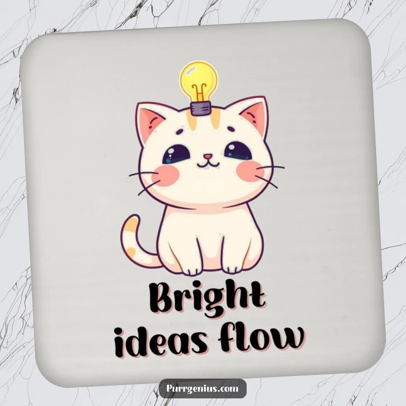 Funny kawaii cat with a glowing lightbulb above its head, protecting surfaces on a humorous drink coaster.