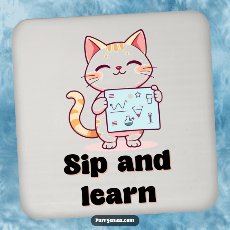 Funny Kawaii cat confidently presenting a scientific diagram, depicted on a drink coaster for surface protection and humor.