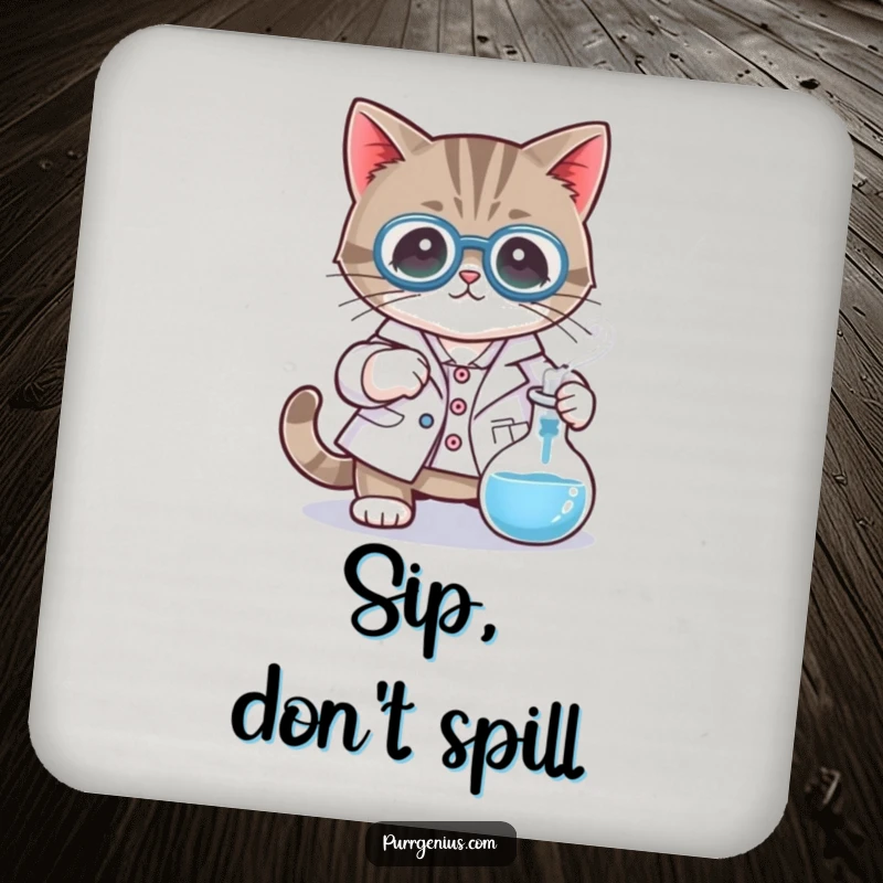 Funny drink coaster with a cat character in a lab coat, stirring a bubbling beaker, perfect for surface protection.