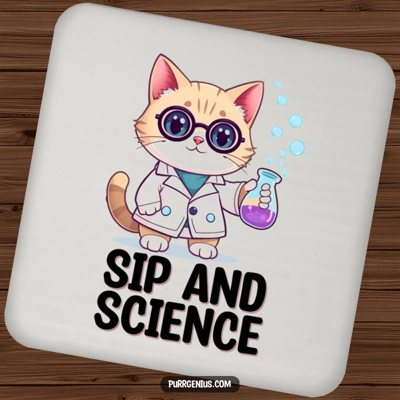 Funny scientist cat in a lab coat, holding a bubbling beaker, protecting your table. This coaster adds a touch of genius humor.