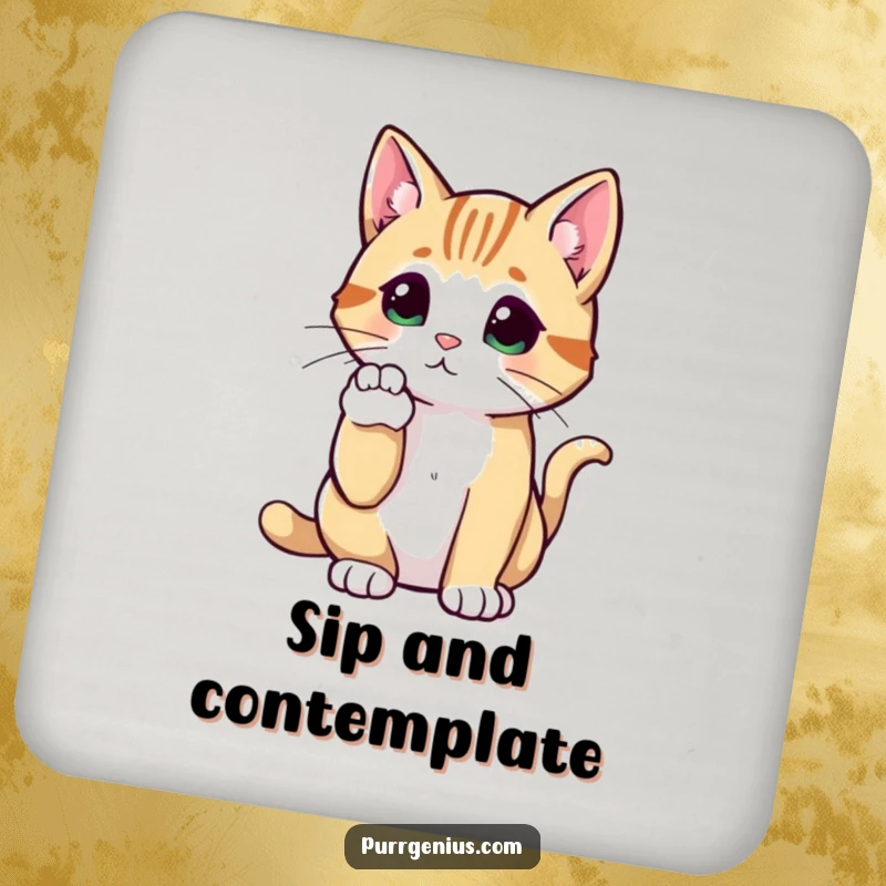 Funny Cat Drink Coasters showcasing a cat in a thoughtful pose with a raised paw, perfect for protecting surfaces with funny contemplation.