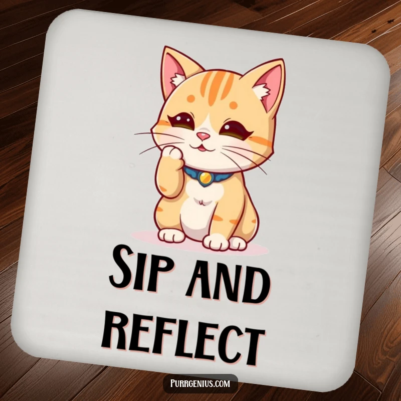 Funny wise cat thoughtfully stroking a whisker, adding a serene and humorous touch to drink coasters.