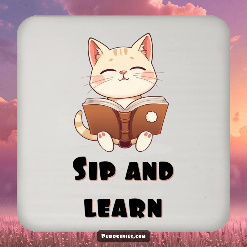 Funny enlightened cat holding an ancient book, protecting your table. This coaster adds intellectual humor.