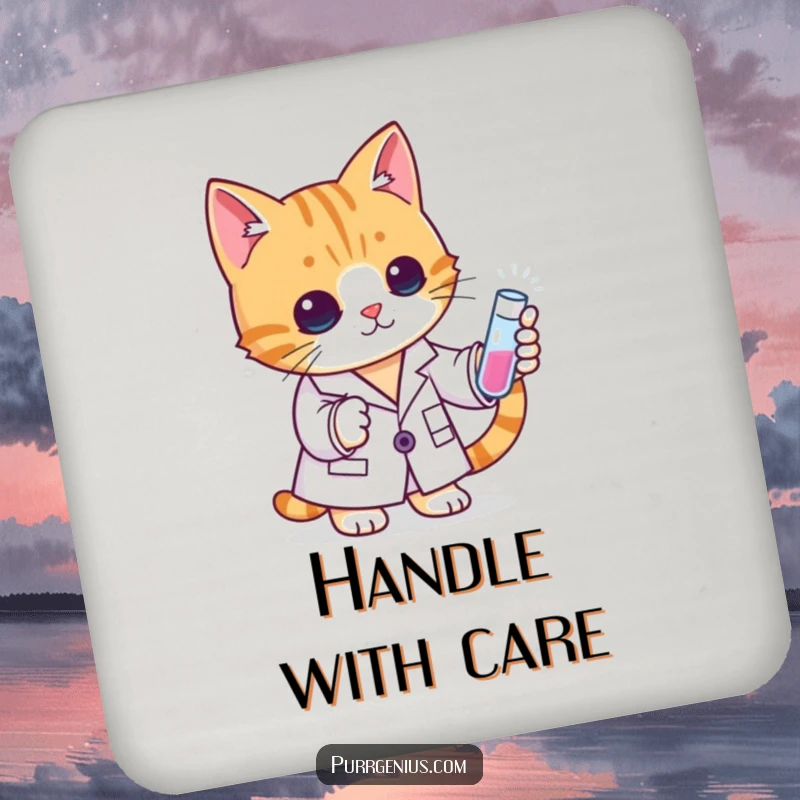 Funny cat scientist in a lab coat with a test tube, adding a scientific and humorous touch to drink coasters.