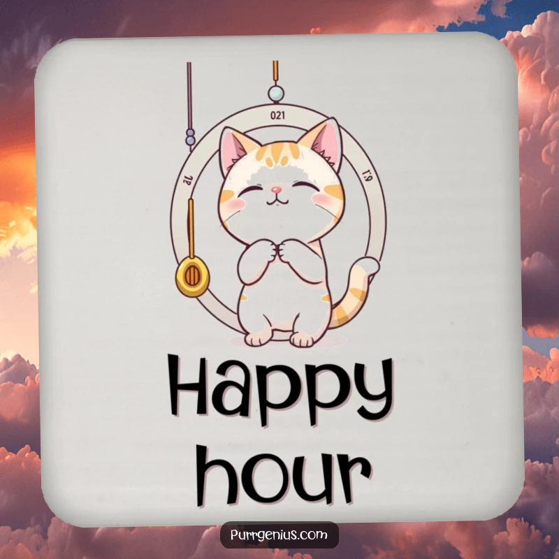 Funny cat batting at a dangling pendulum, representing time. This coaster adds playful humor.