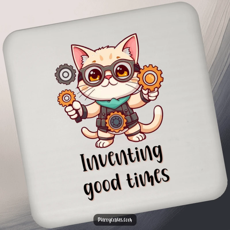 Funny drink coaster with a cute cat character in an inventor pose with gears, protecting surfaces with mechanical flair.