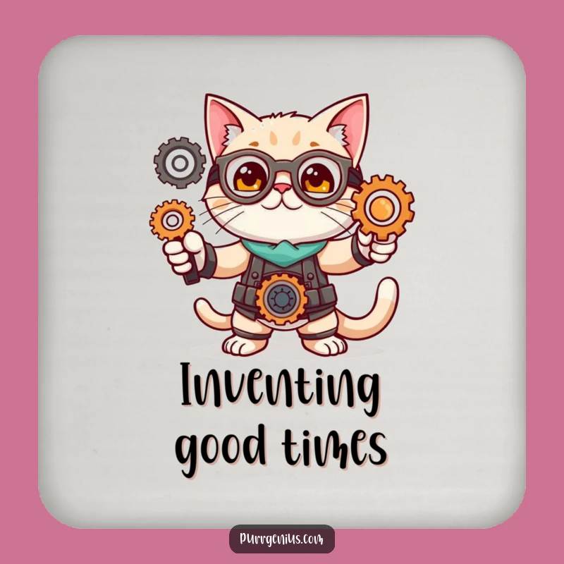 Funny Cat Inventor Coaster: Feline Pose Gears Drink Protector Gift