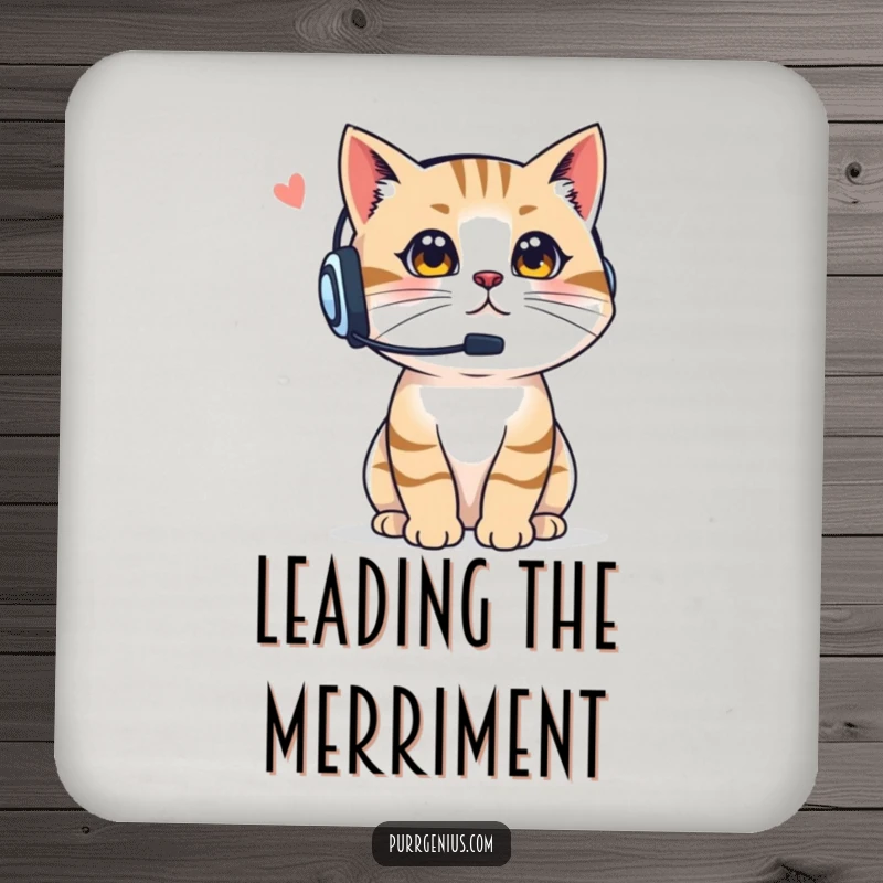 Funny Boss Cat Coaster Set: cats wearing headsets giving instructions, protecting surfaces with authoritative humor, a charming funny gift.