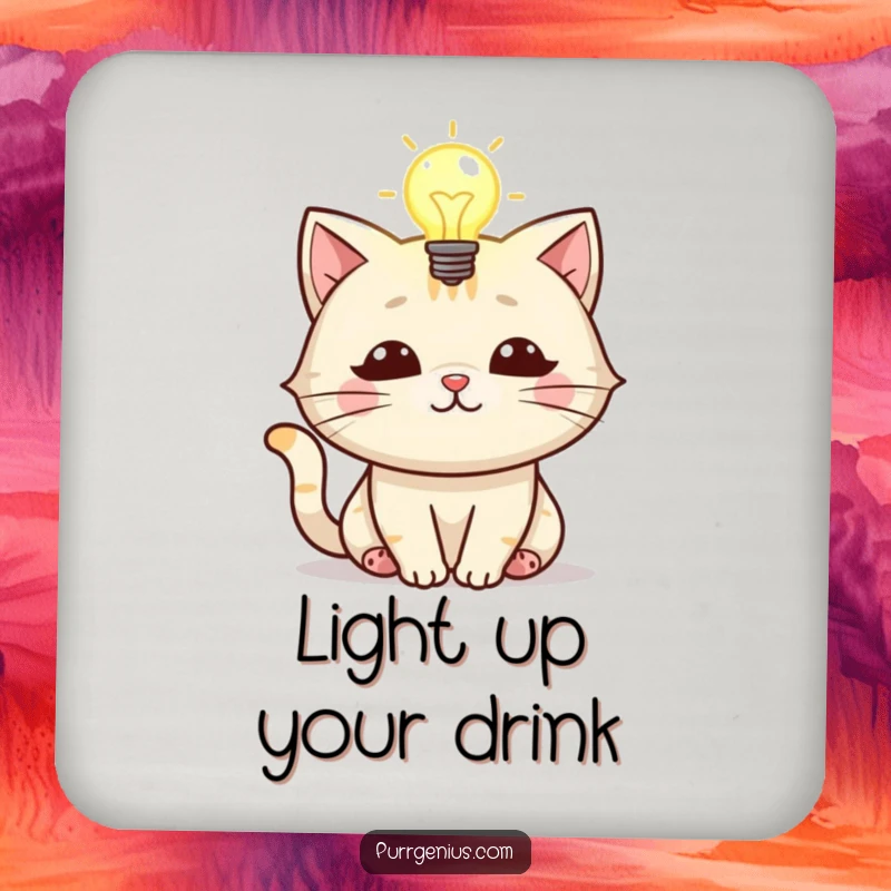 Funny drink coasters featuring a cat character with a glowing lightbulb, symbolizing bright ideas and clever decor.