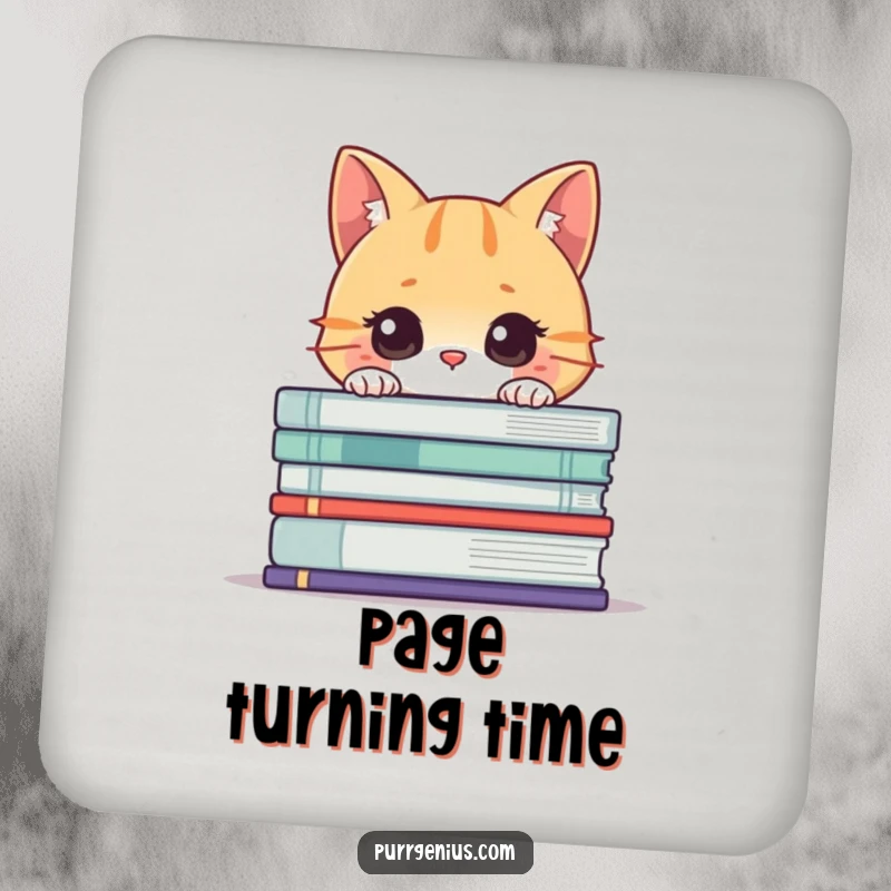 Funny Cat Book Coaster: Curious cat peeking from behind a stack of books, adding literary humor to drink protection.