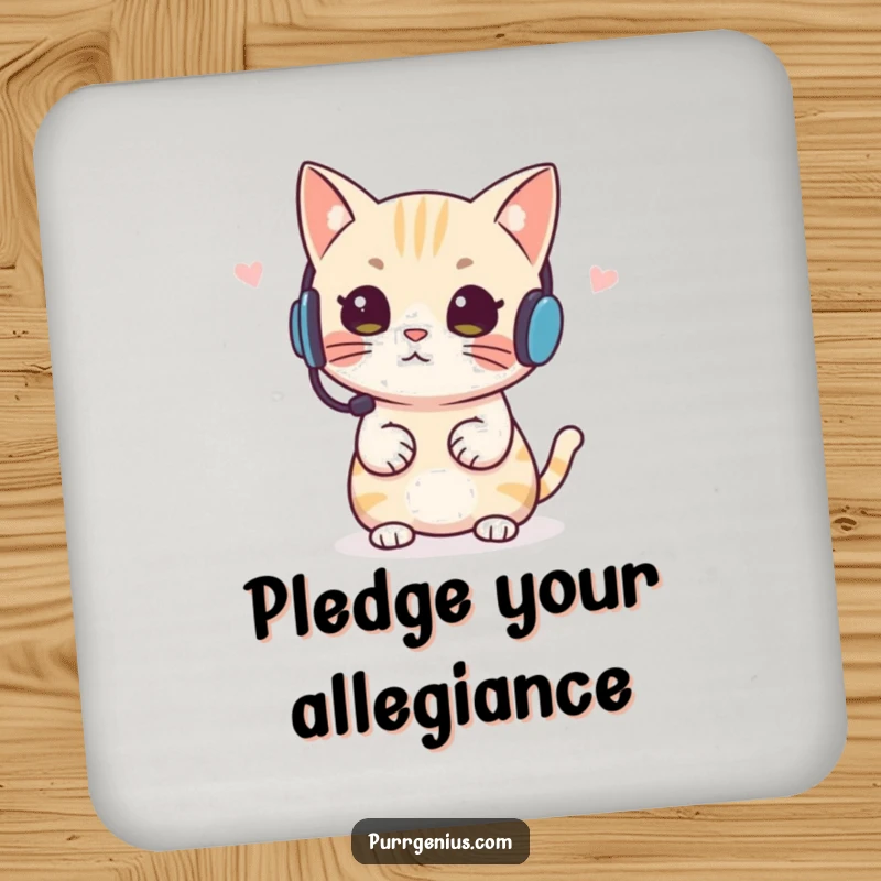 Funny Headset Cat Drink Coasters, showcasing a cat with a headset giving instructions, protecting surfaces with humor.