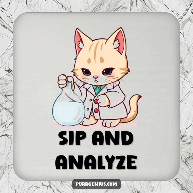 Funny Coaster: A cat in a lab coat humorously guards your surfaces while examining a beaker, symbolizing scientific exploration.