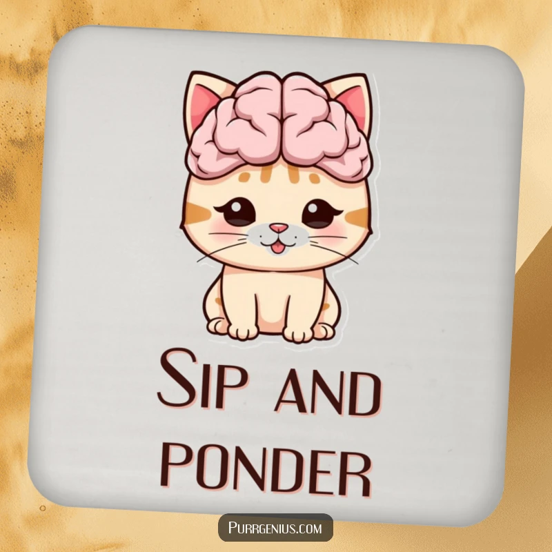 Funny cat with an oversized brain symbol, adding intelligence and humor to drink coasters.