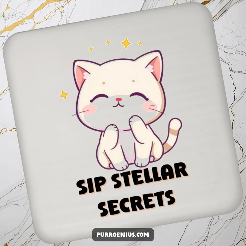 Funny Kawaii cat in a pensive pose looking at a constellation, depicted on a drink coaster for surface protection and humor.