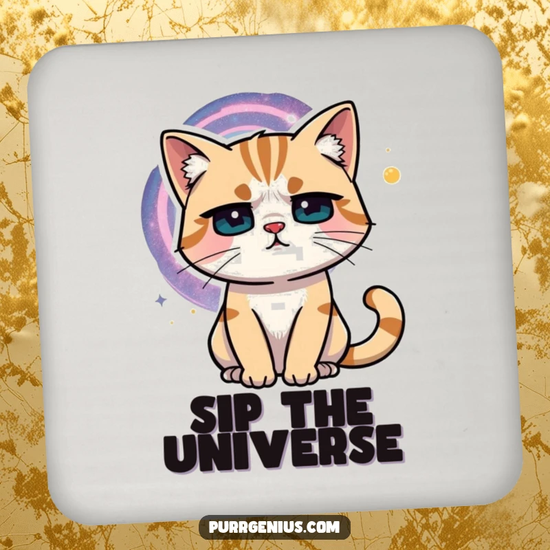 Funny cat with a furrowed brow pondering a swirling galaxy, protecting your table. This coaster adds cosmic humor.