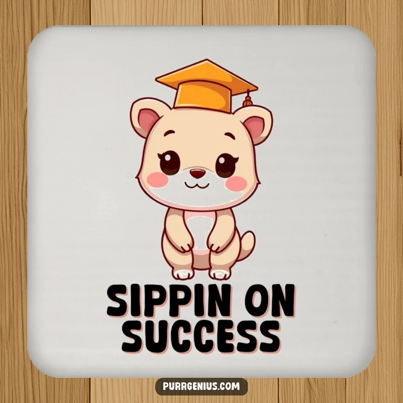 Funny graduation coaster featuring a cute animal with a cap, perfect for protecting tables with a humorous nod to academic success.