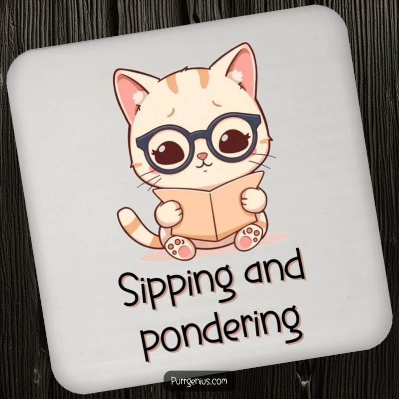 Funny kawaii cat wearing tiny spectacles and reading a scroll, protecting surfaces on a humorous drink coaster.