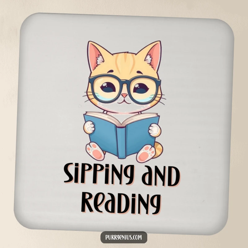 Funny coaster featuring a cat with spectacles engrossed in reading, protecting surfaces with literary humor and feline grace.