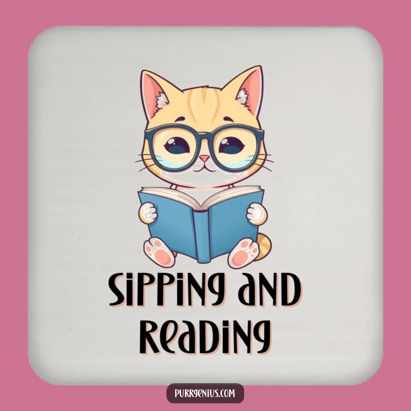 Funny Bookworm Cat Drink Coaster: Protect Surfaces with Scholarly Feline Style