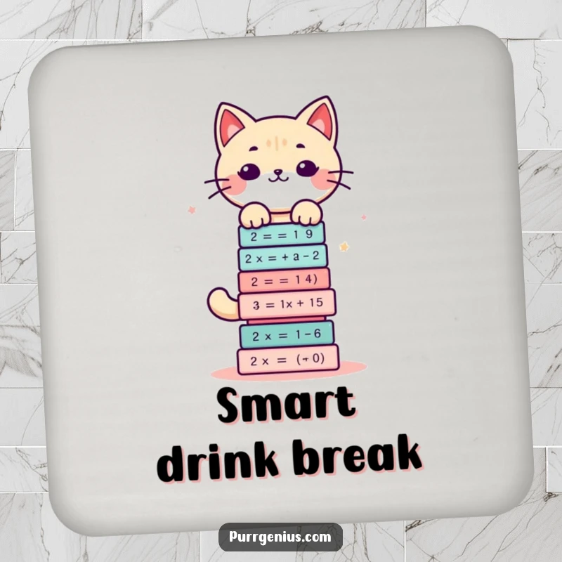 Funny drink coasters featuring a cute kawaii cat character balancing a stack of complex math equations, adding humor to any table.