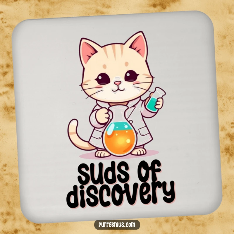 Funny Kawaii cat in a lab coat stirring a colorful beaker, depicted on a drink coaster for surface protection and humor.